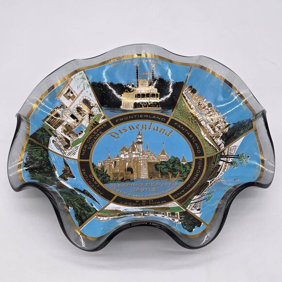 Vintage 1970s Disney Scalloped Glass Dish Disneyland Sleeping Beauty Castle - Picture 2 of 3